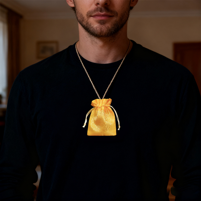 Man wearing Taisui Talisman in a golden embroidered pouch, designed to resolve Taisui influences and bring peace and protection.