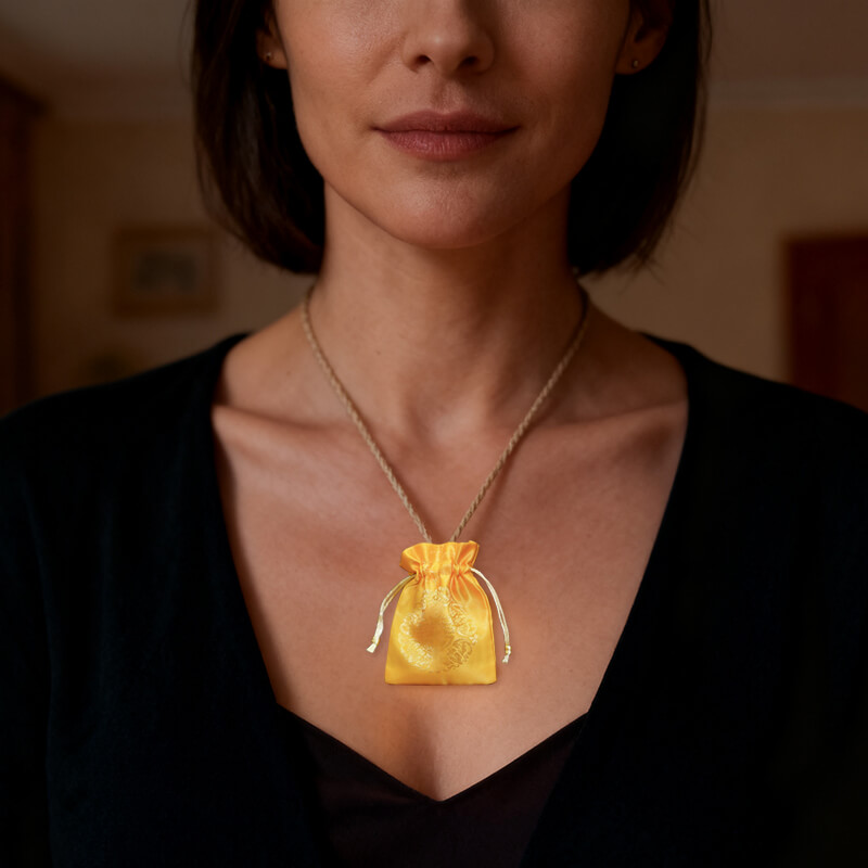 A woman wearing a yellow Protection Talisman pouch as a necklace, symbolizing spiritual protection and talismanic energy for daily guardianship.