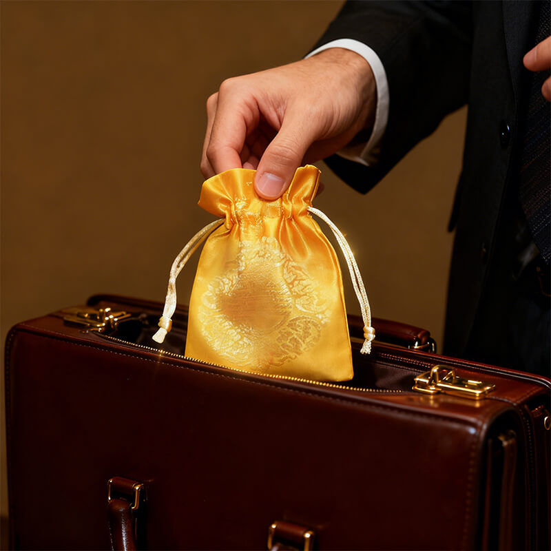 Man placing Five Wealth Gods Talisman in a golden pouch into a briefcase, carrying wealth opportunities and financial luck in business.
