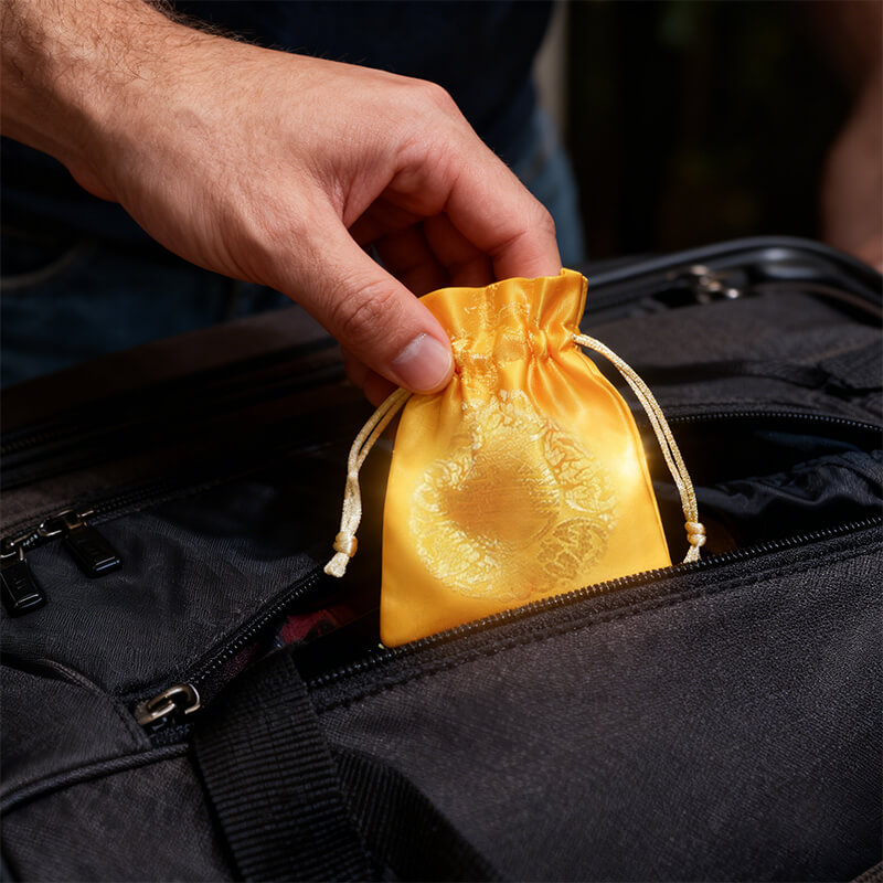 Man placing a golden Taisui Talisman pouch into a suitcase, representing protection and good fortune against Taisui influences during journeys