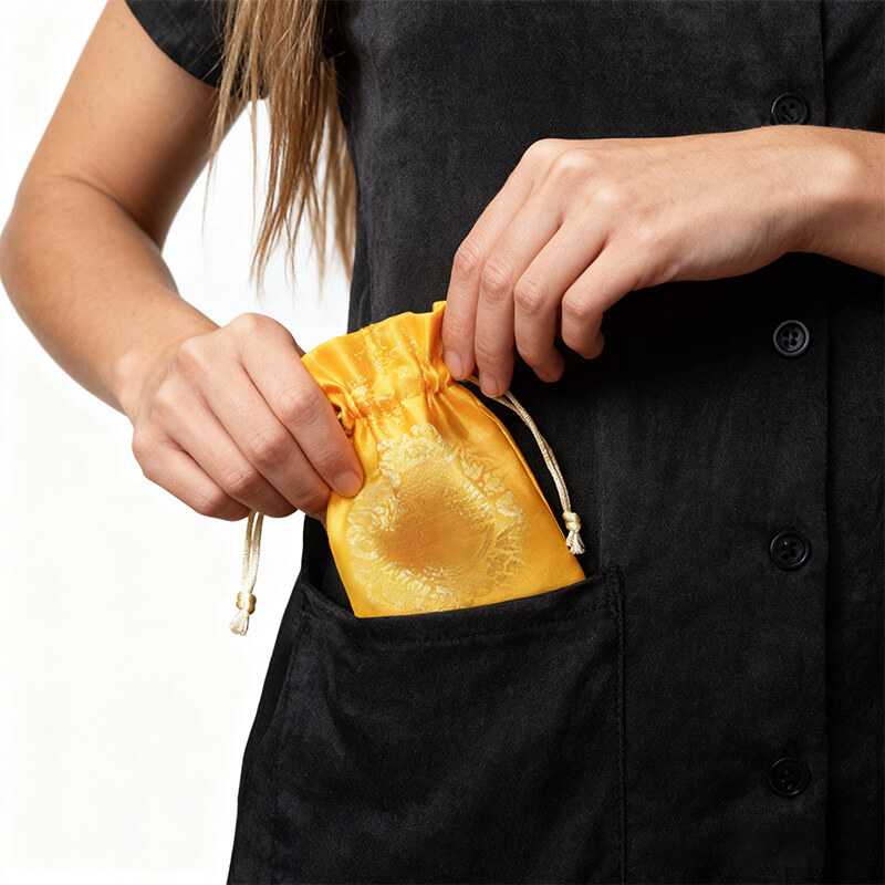 Woman placing a golden Marriage Harmony Talisman pouch in her pocket, symbolizing relationship harmony and marital bliss