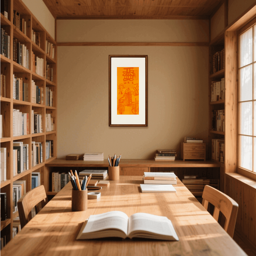 Five Thunder Talisman enshrined in study room with bookshelf, antique desk, and Taoist scripture set.