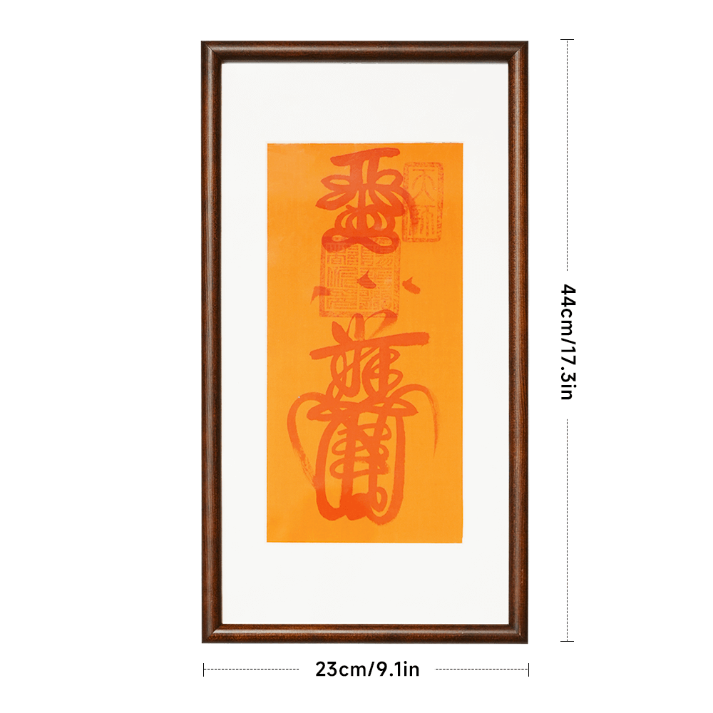 Feng shui dimension markings of Home Protection Talisman cloth and reinforced oak frame for strategic placement.