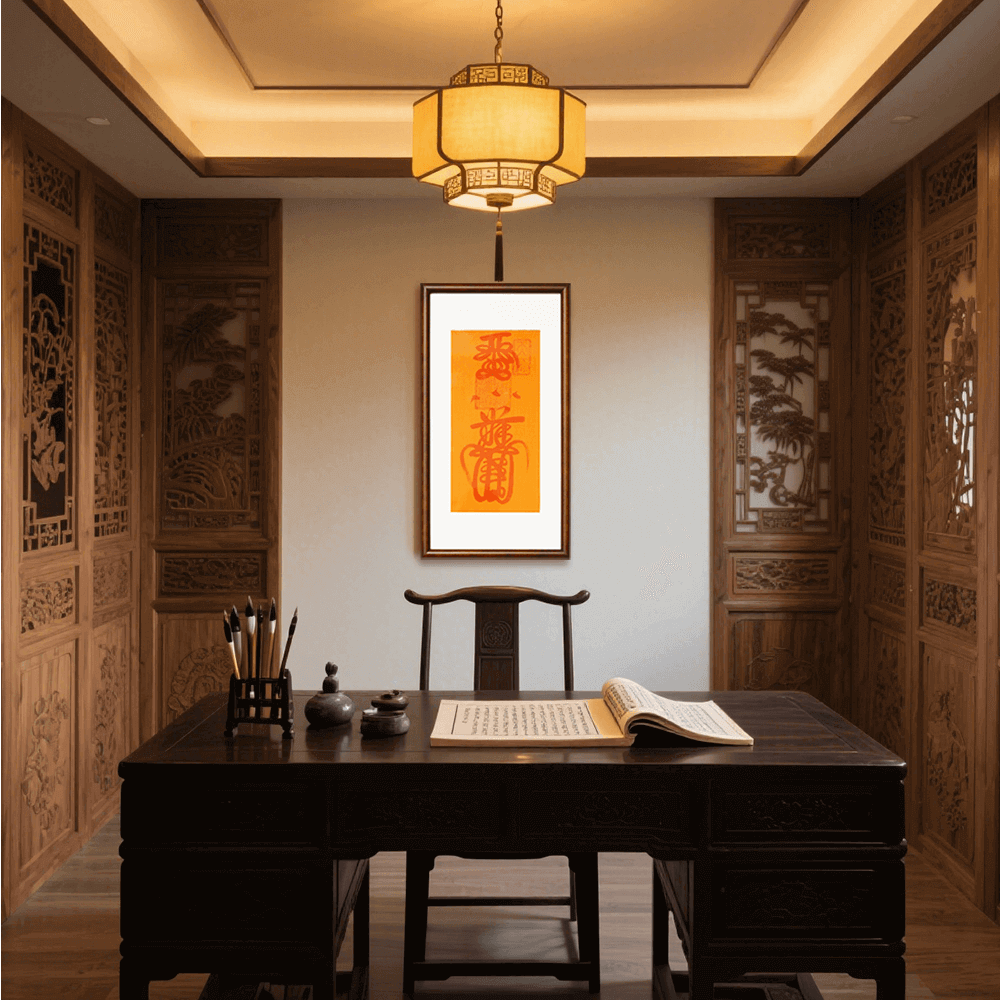 Home Protection Talisman mounted at command position in study with feng shui calligraphy set on antique desk.