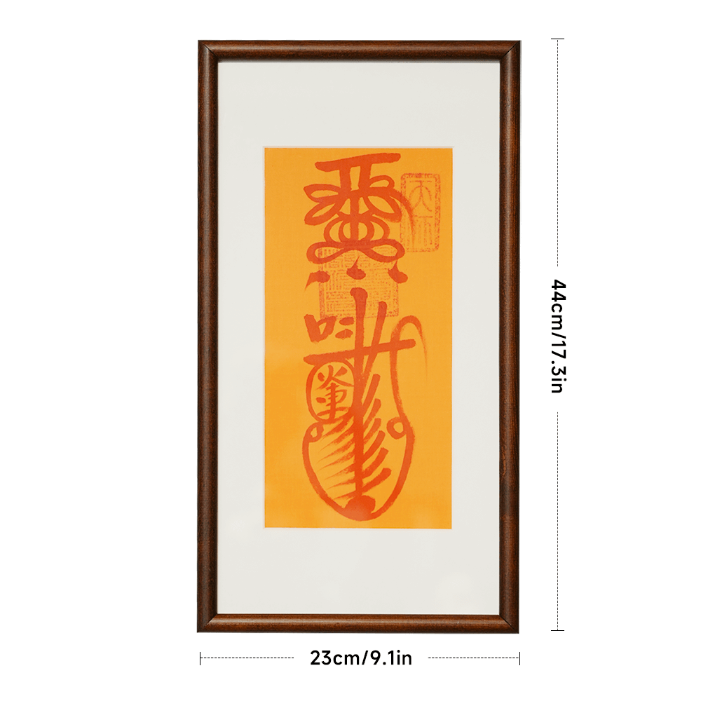 Safety Talisman in frame with ruler measuring exact dimensions of embroidered amulet.