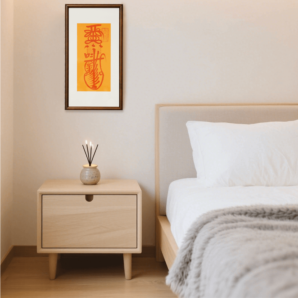 Safety Talisman framed amulet mounted above nightstand for bedroom protection blessing.