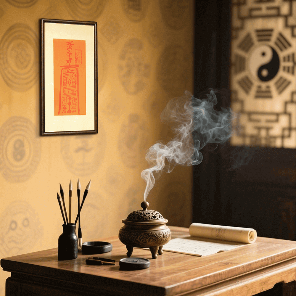 Wenchang Talisman hanging above a scholar's desk adorned with incense burner, brush, ink, paper, and inkstone.