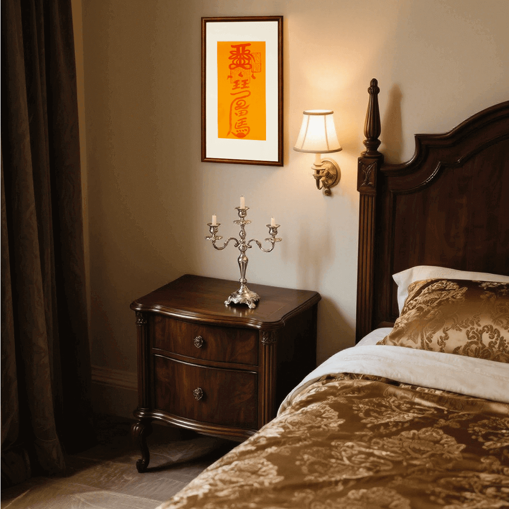 Protection Talisman mounted above bedroom bedside table, safeguarding sleep space with calming energy field.