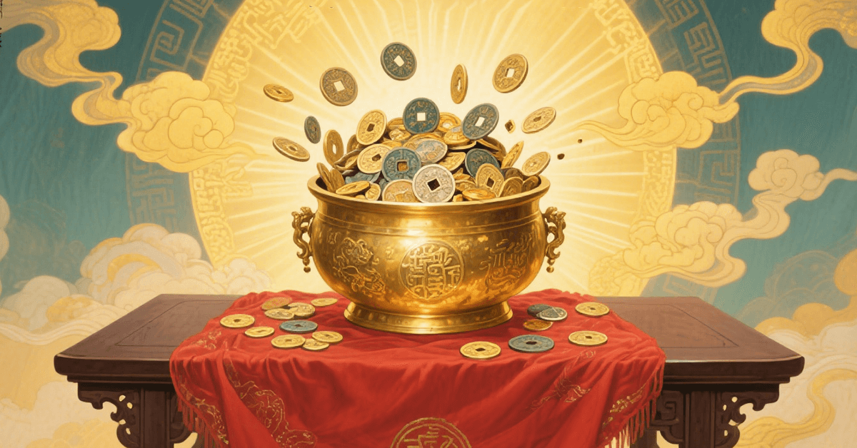 Antique bronze wealth jar overflowing with glowing coins on wooden altar, symbolizing supernatural abundance from Taoist money talismans. TaoAura talisman for money and wealth energy