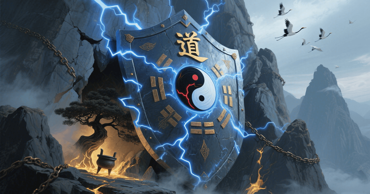 Five Thunder Talisman Energy Shield - Ancient Taoist protection symbol encased in lightning force field