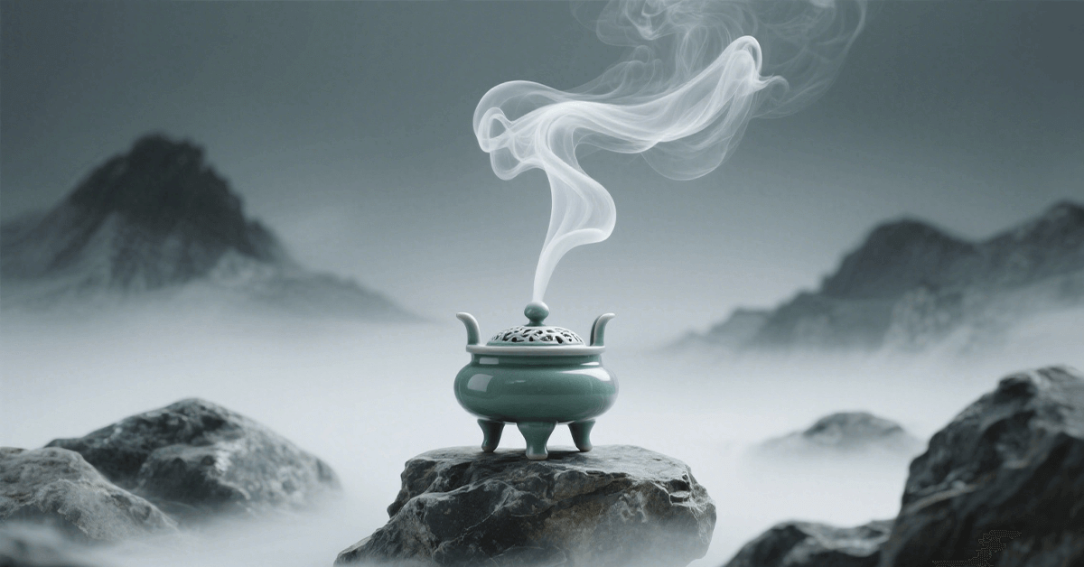 Ancient bronze Daoist incense tripod with wispy smoke, ritual ambiance