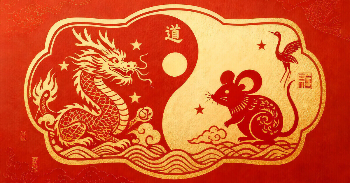 Dragon and ox compatibility in yin-yang art, showing golden dragon and ox symbolizing balance and harmony in Chinese zodiac.