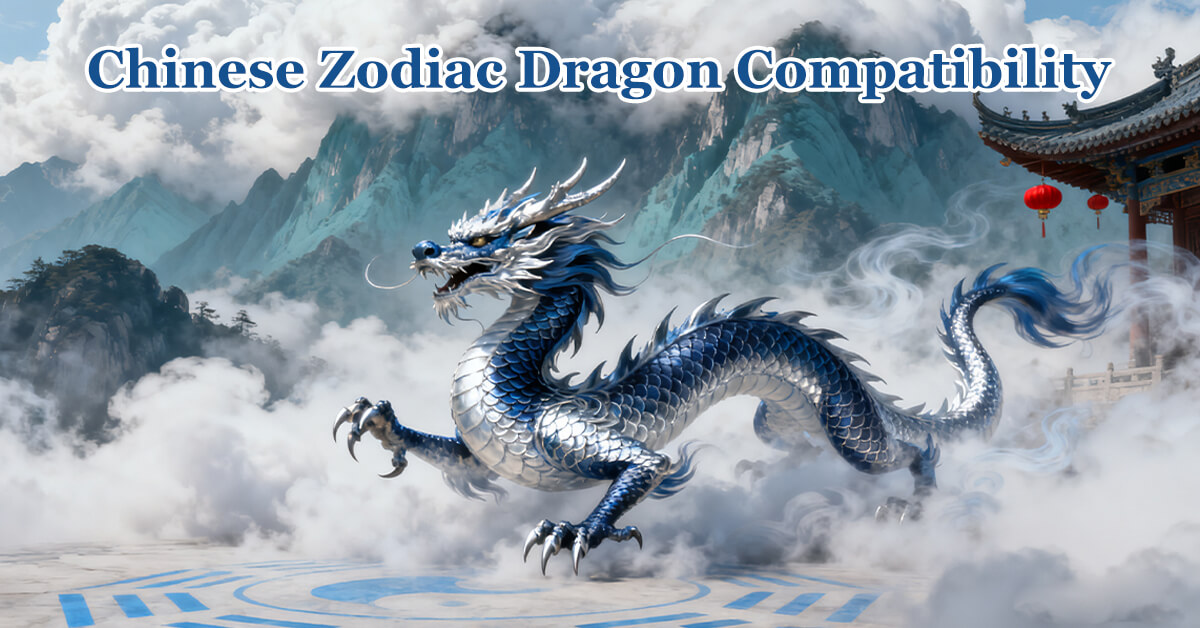 Majestic Chinese dragon zodiac symbol with mountains and temple background, representing dragon zodiac compatibility and Chinese zodiac dragon compatibility.