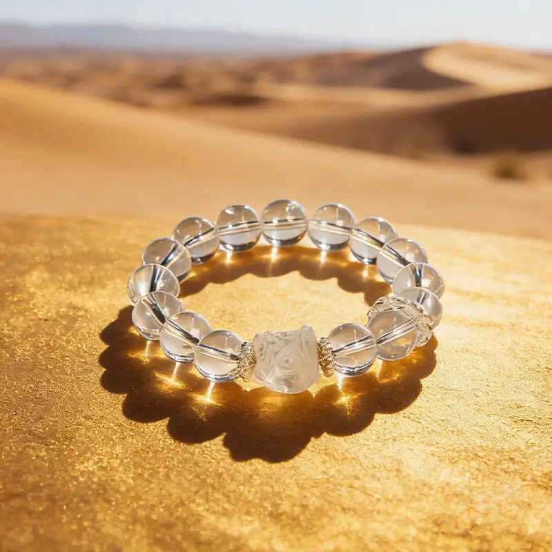 Natural Clear Quartz bracelet resting on golden sand for energy balance.