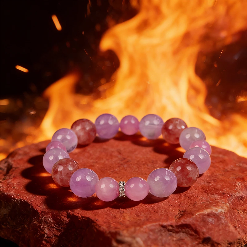 Lepidolite emotional healing bracelet with a fire and flame background.