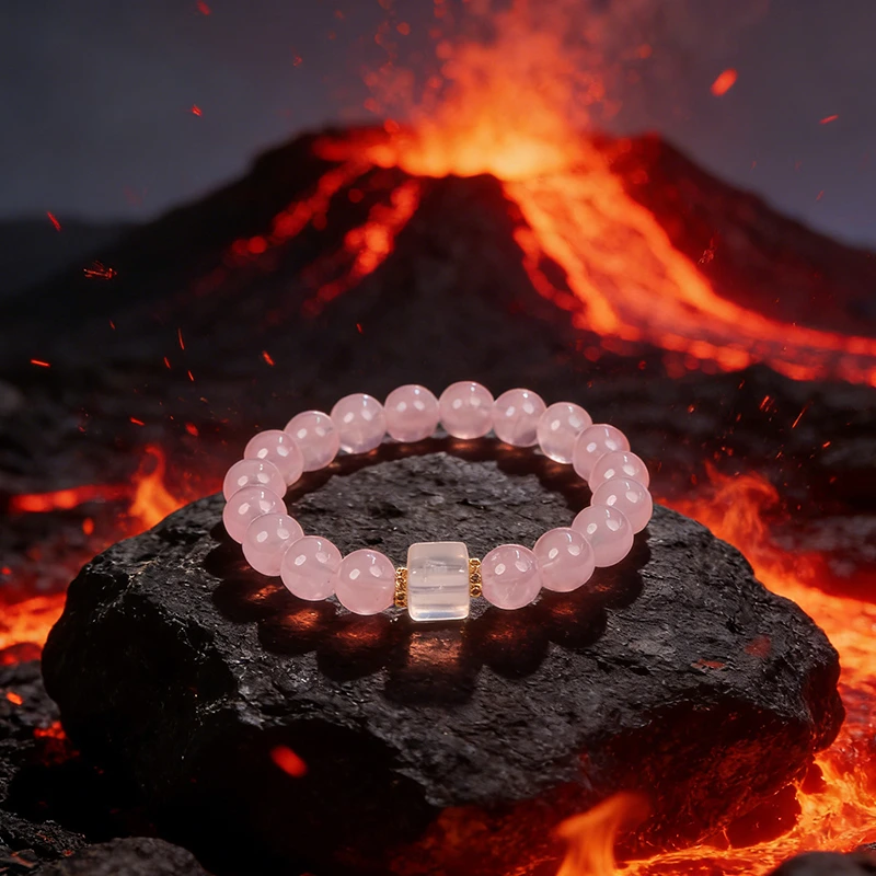 Rose quartz bracelet resting on rocks with a fire volcano background.