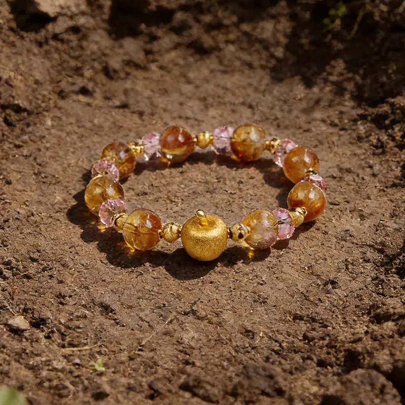Natural earth element crystal bracelet resting on real soil.