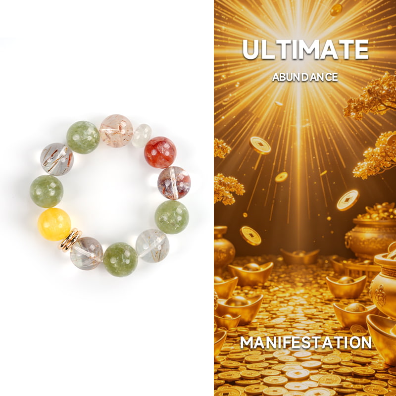 High-vibrational super seven bracelet with metallic black-gold inclusions and green emerald beads displayed with a Taoaura five elements energy map.
