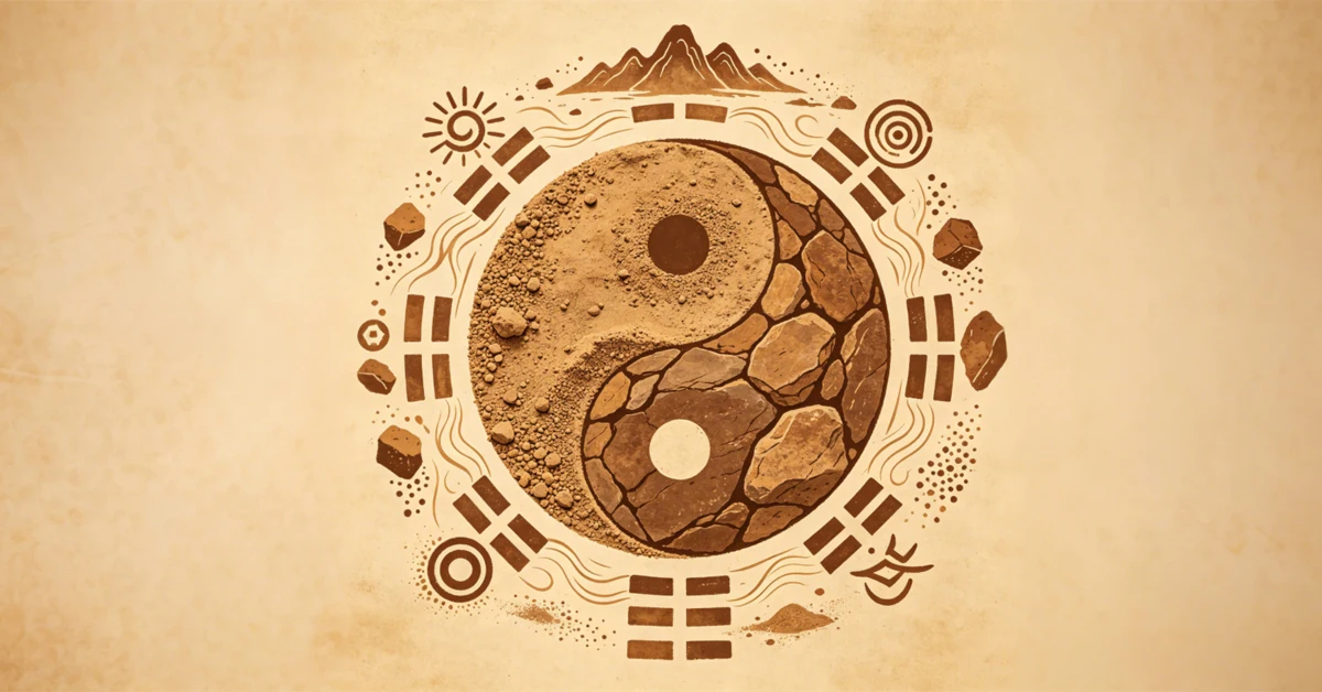 An earthy Yin Yang Taiji symbol crafted from sand and rocks, surrounded by BaGua trigrams and mountain icons, showcasing earth element jewelry for feng shui grounding, stability, and wealth.