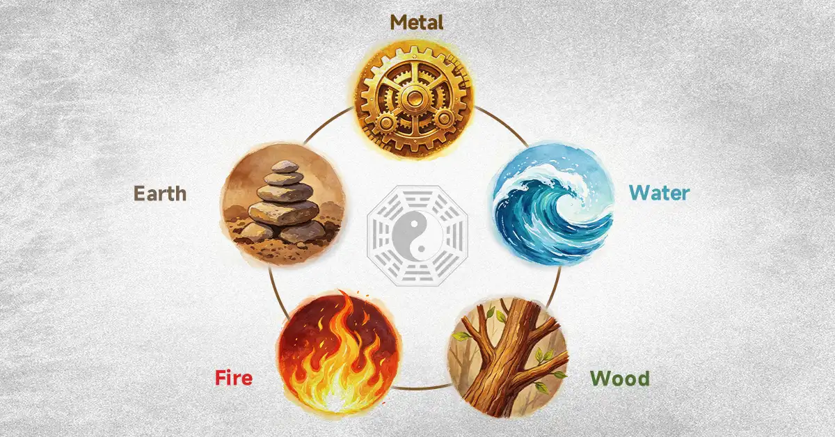 A Wu Xing circle showcasing five elements home accessories with metal gear, water wave, wood tree, fire flame, and earth stones around a central Yin Yang BaGua symbol for feng shui balance.