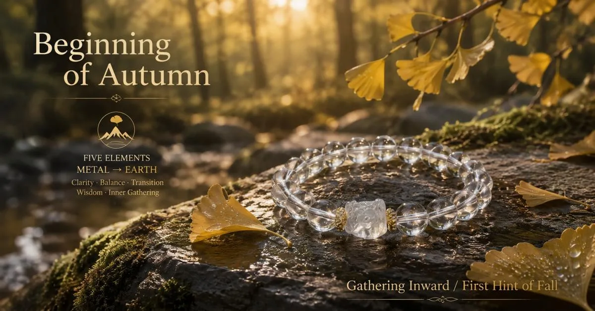 A golden citrine crystal bracelet displayed on dark wood in a misty sunlit forest, illustrating Beginning of Autumn solar term energy and Fire to Metal five elements transformation.