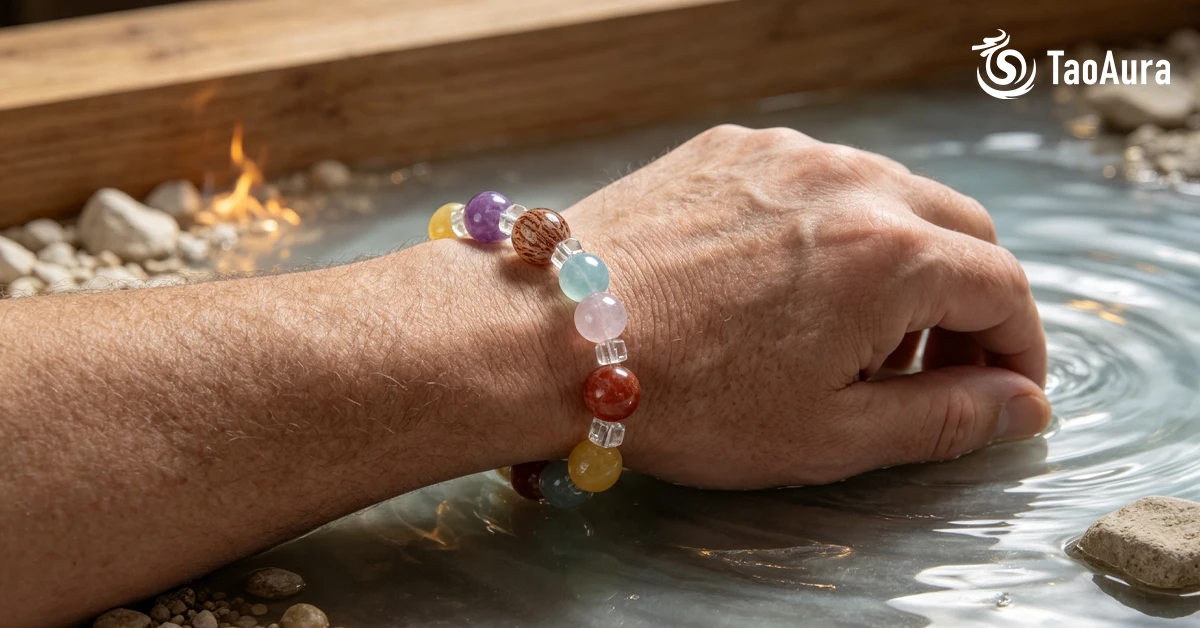 Amethyst five elements balance gemstone bracelet on wrist resting in water — purple amethyst, citrine, carnelian, aquamarine, rose quartz and Bodhi seed beads representing Wood Fire Earth Metal Water harmony — TaoAura zen meditation water fire energy