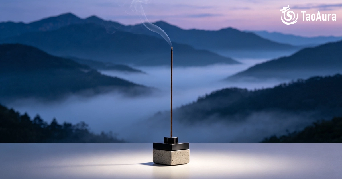 Burn incense for good feng shui — minimalist stone incense burner with single stick releasing gentle smoke before layered misty mountains, shanshui landscape at dawn, five elements Earth Fire Metal Water Wood harmony — TaoAura purification ritual calm qi energy