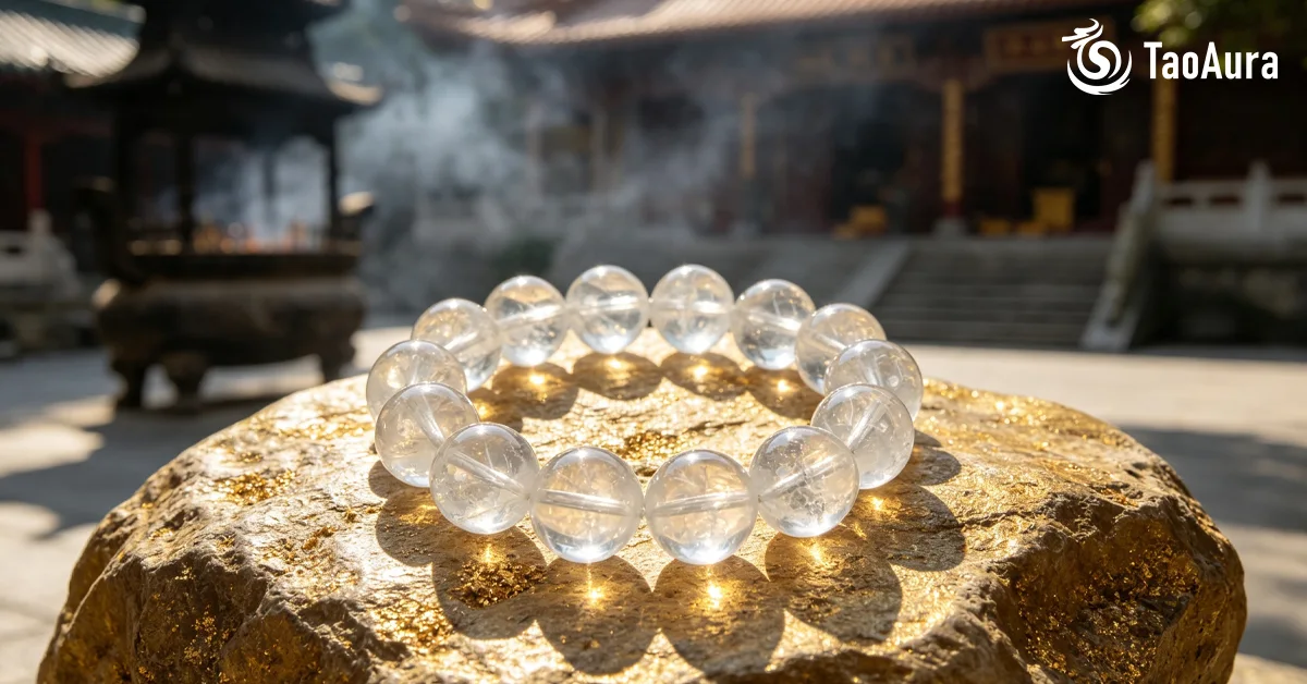Clear quartz element Feng Shui bracelet resting on a gold stone outside a traditional Taoist temple by TaoAura