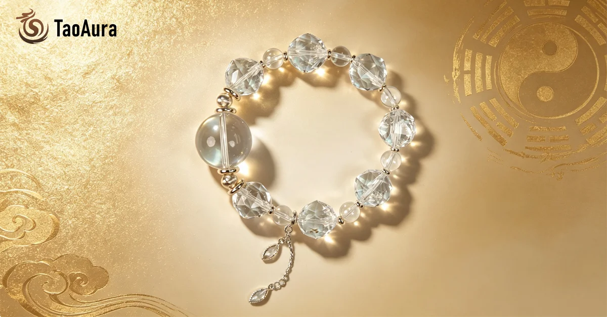 Clear quartz feng shui bracelet with silver teardrop charm displayed on golden background featuring Yin-Yang, Bagua, and auspicious cloud symbols — TaoAura feng shui bracelet wearing rules guide