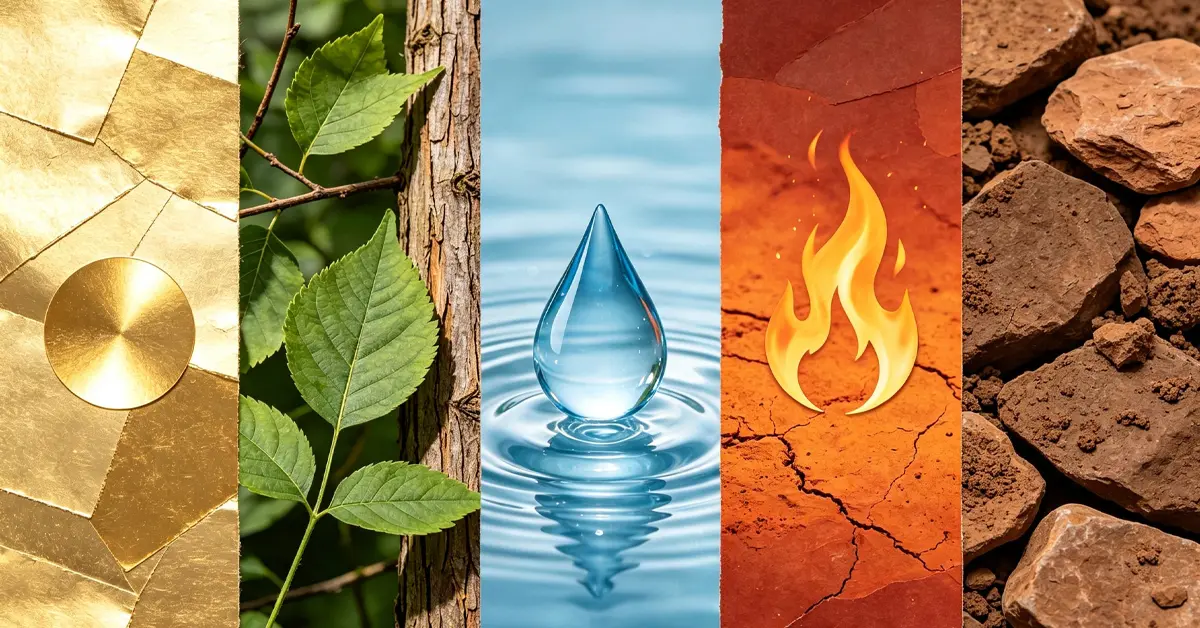 An artistic Wu Xing diagram depicting five feng shui office desk elements—wood, fire, earth, metal, and water—encircling a central Yin Yang symbol for workplace balance and career success.