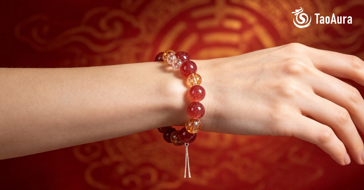 A wrist wearing TaoAura red strawberry quartz and golden citrine beaded bracelet, showcasing fire element jewelry for feng shui passion and vitality.