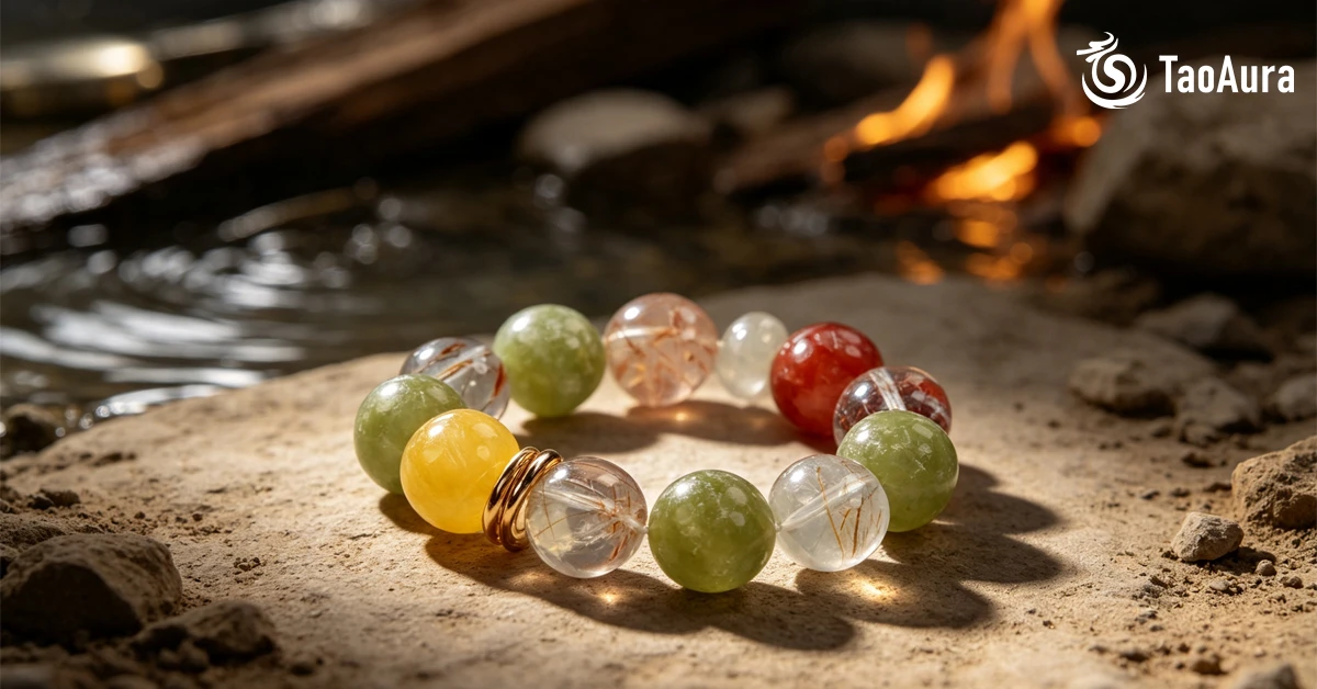 Multicolor beaded TaoAura five elements crystal bracelet meaning balance and harmony placed near water and fire elements
