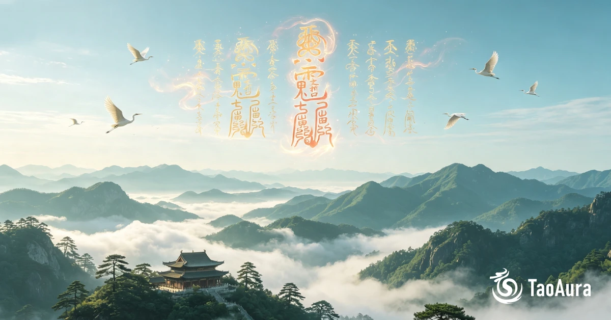 A practical visual guide on how to activate Taoist talisman by TaoAura, showing glowing spiritual symbols over a mountain temple with flying cranes