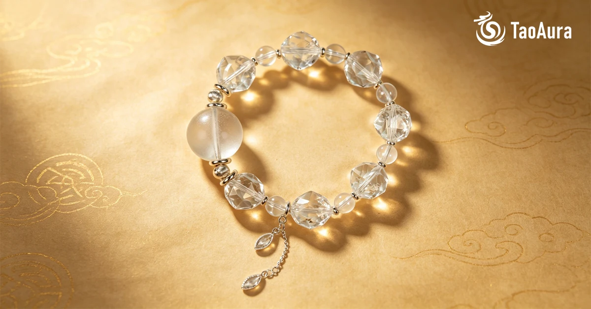 Radiant clear quartz and metallic crystal points glowing in golden light, showcasing metal element crystals for feng shui mental clarity, focus, and energy amplification.