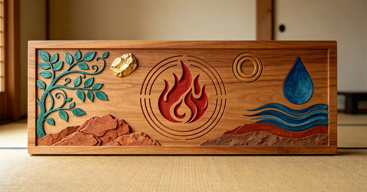 Five elements wooden plaque symbolizing balance for a spiritual aura cleansing ritual by TaoAura
