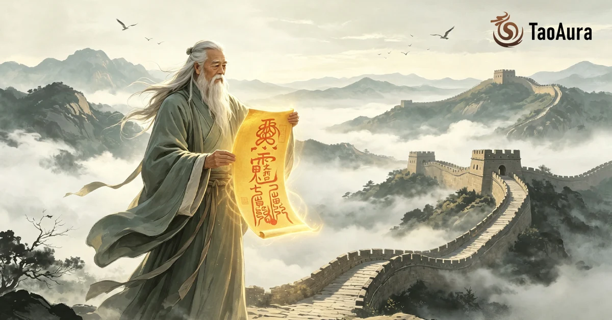 Taoist wise master holding a glowing paper talisman to illustrate Taoist protection amulet benefits by TaoAura against Great Wall background