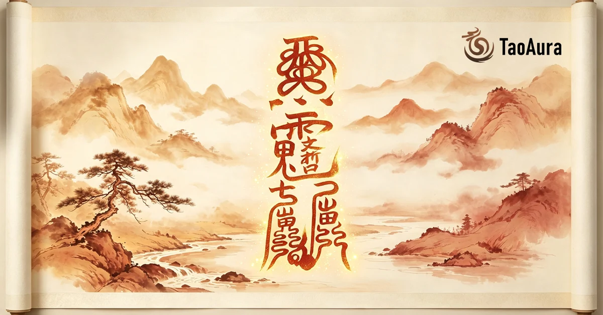 Golden Taoist talisman for luck glowing on a traditional Chinese landscape scroll by TaoAura