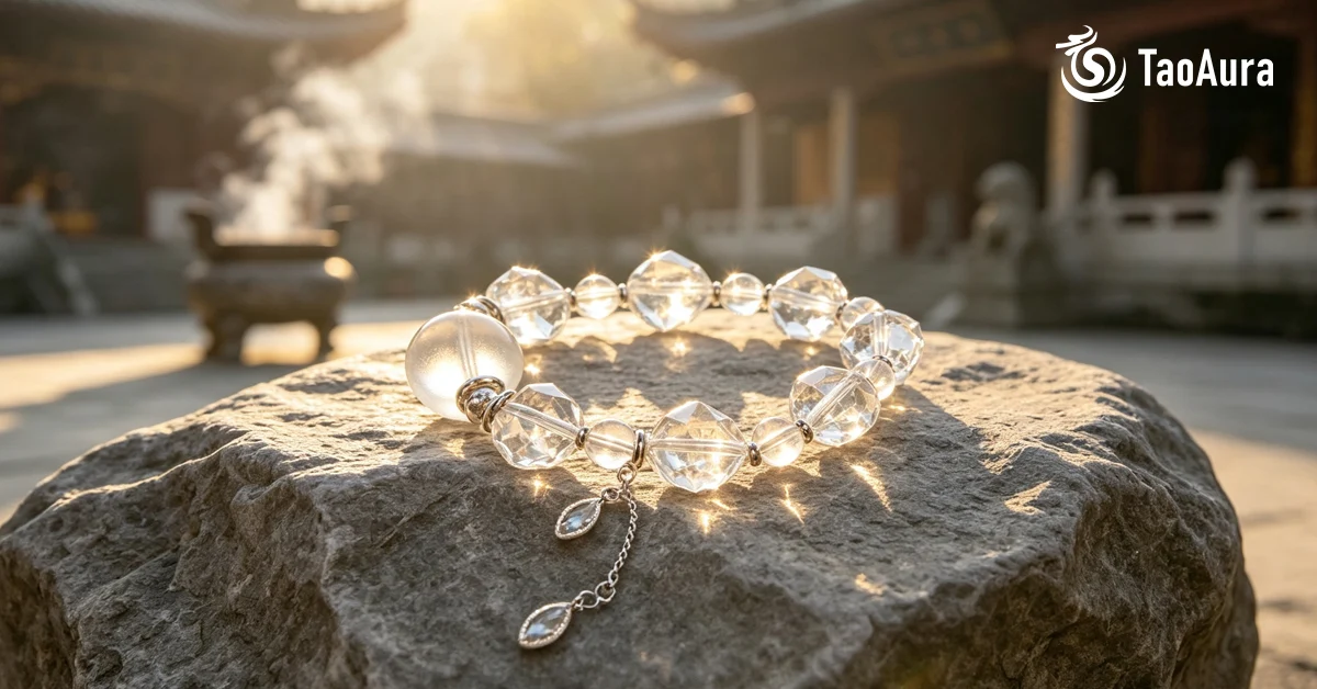 TaoAura clear quartz crystal beaded bracelet glowing on a stone pedestal in a tranquil temple yard, representing water element jewelry for feng shui wisdom, intuition, and energy flow.
