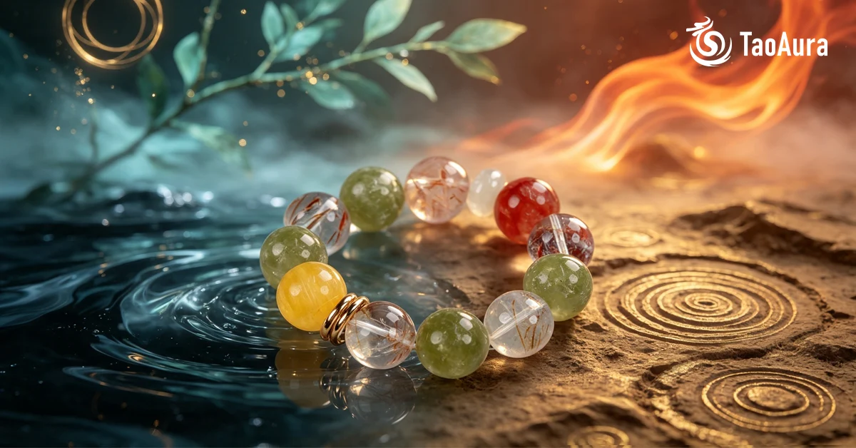Green jade and crystal BaGua pendants hanging on an ancient tree in misty mountains, representing wood element crystals for feng shui vitality, growth, and renewal.