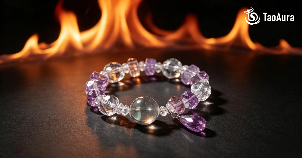 Clear and amethyst Pi Xiu Feng Shui element bracelet displayed against a fiery background by TaoAura